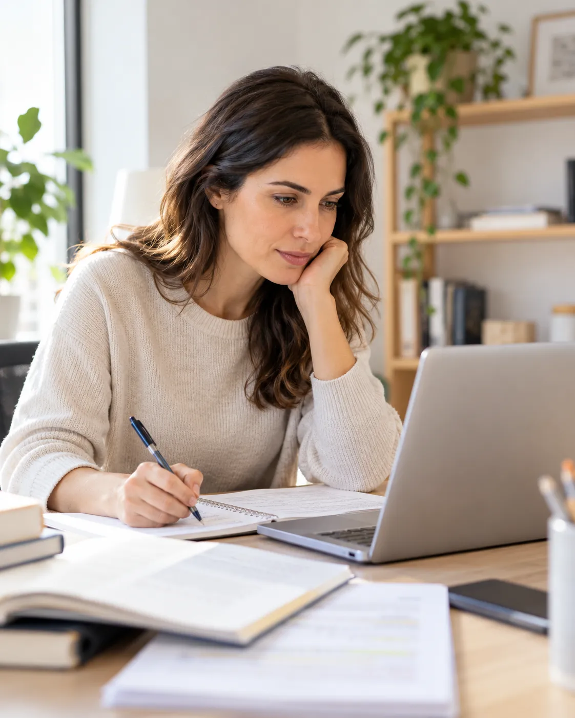 Mujer adulta estudiando en casa con portátil y apuntes para preparar un certificado de valenciano