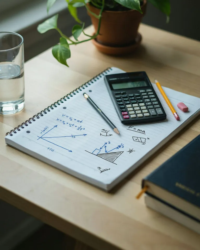 Apuntes de matemáticas, física y química con calculadora sobre una mesa de estudio