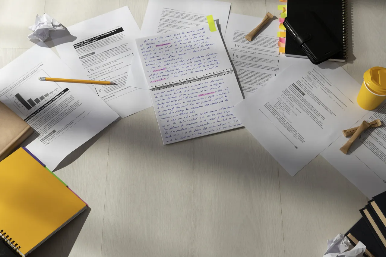 Apuntes, cuadernos y papeles de estudio repartidos sobre una mesa