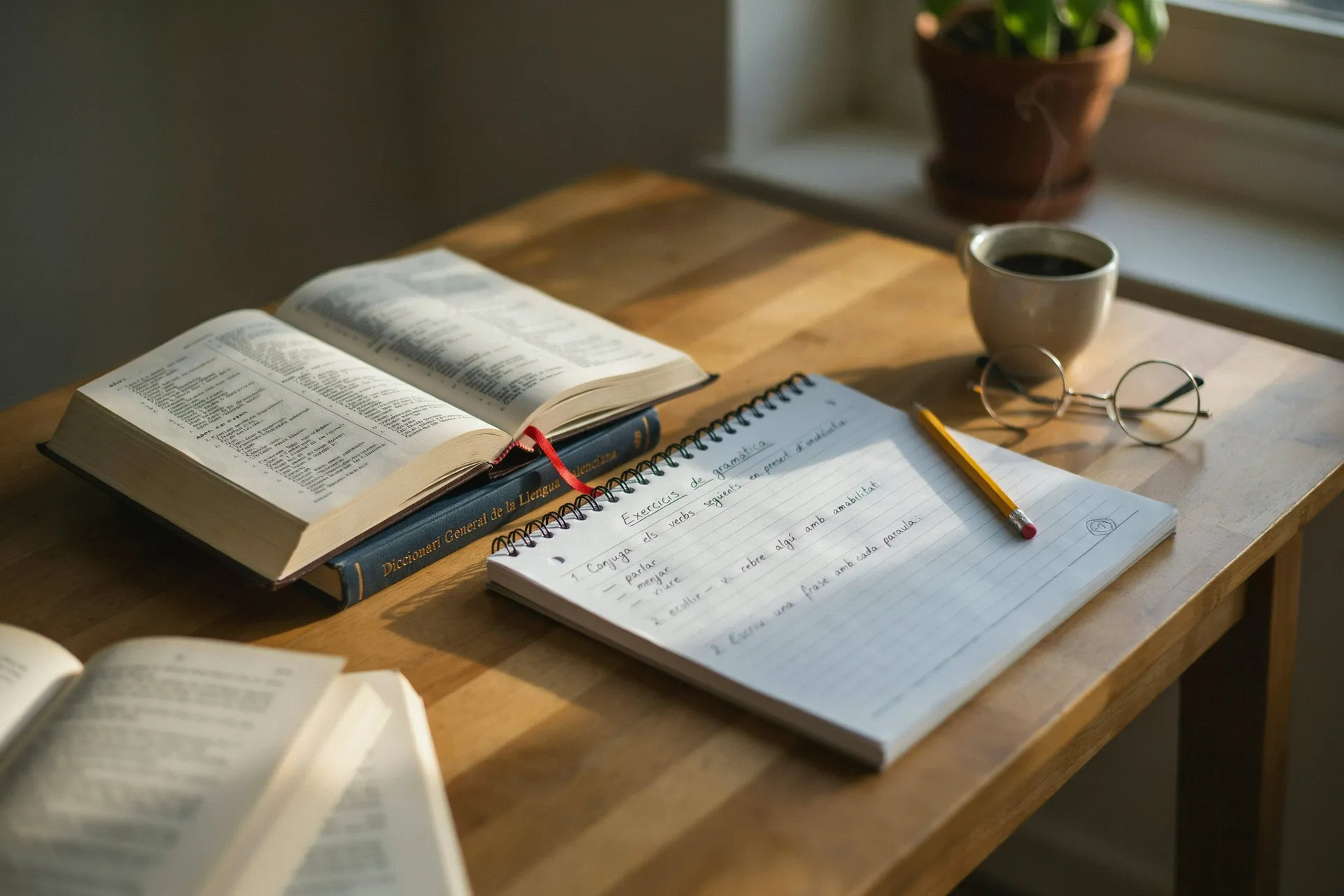 Diccionario de valenciano abierto junto a un cuaderno con ejercicios de gramática